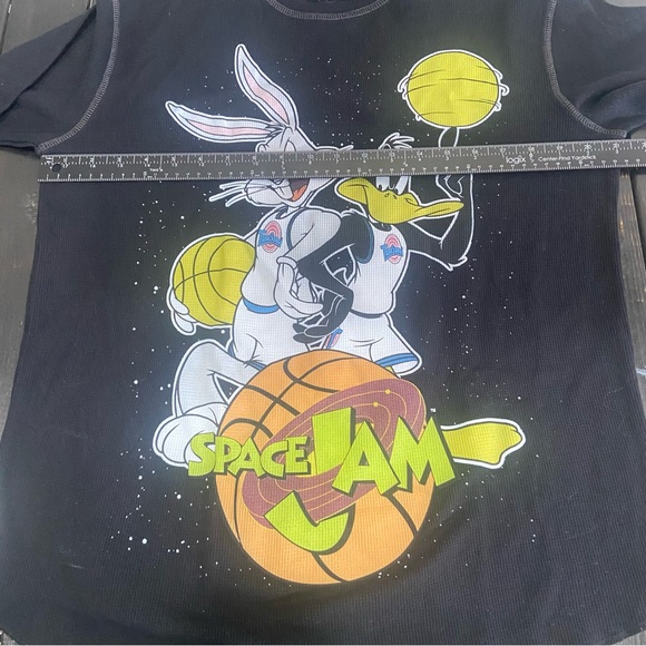 Space Jam Long Sleeve Medium Black Waffle Knit Shirt Tee Daffy Duck Bugs Bunny - Picture 5 of 6